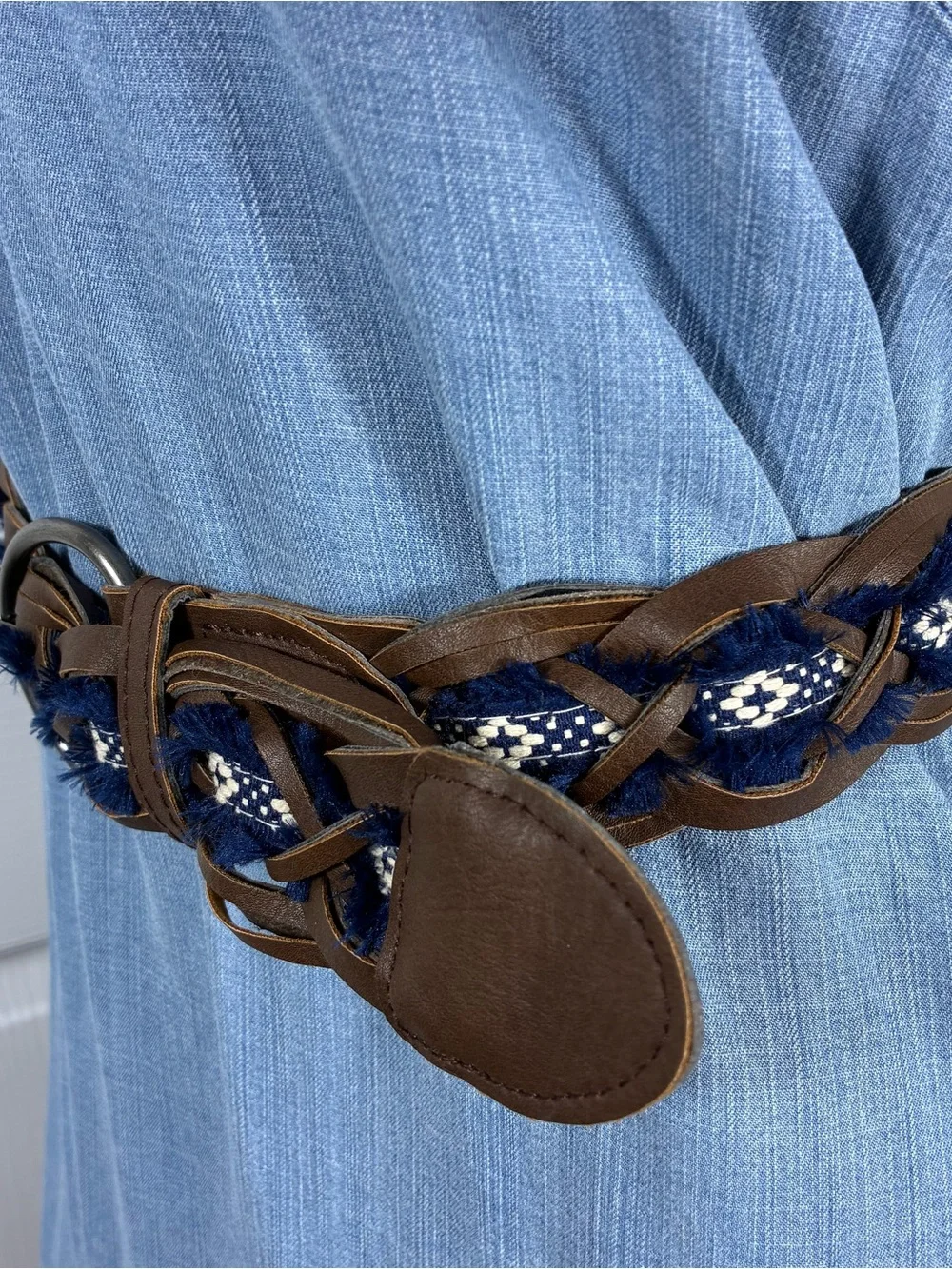 Womens belt 42” Braided Brown Faux Leather with frayed Navy Woven Detail Boho